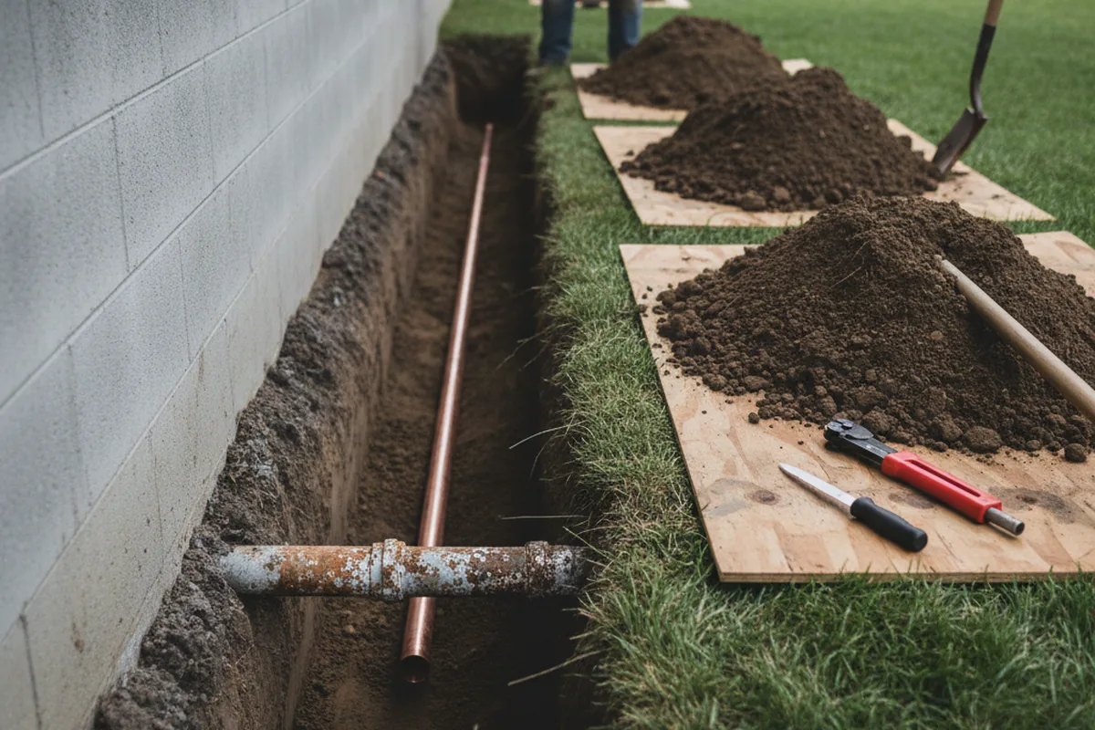 Excavated water line trench during Water Heater Repair in Garden City